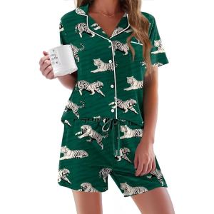 image:imageEkouaer Pajamas Set for Women Short Sleeve Sleepwear Button Down Pjs Soft 2 Piece Lounge Sets XSXXXLGreen Tiger Print