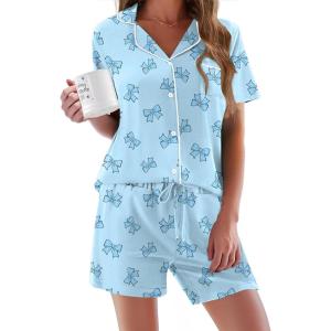image:imageEkouaer Pajamas Set for Women Short Sleeve Sleepwear Button Down Pjs Soft 2 Piece Lounge Sets XSXXXLLight Blue Bows
