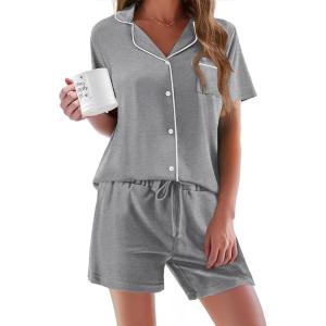 image:imageEkouaer Pajamas Set for Women Short Sleeve Sleepwear Button Down Pjs Soft 2 Piece Lounge Sets XSXXXLLight Floral Grey