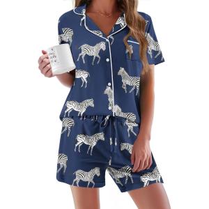 image:imageEkouaer Pajamas Set for Women Short Sleeve Sleepwear Button Down Pjs Soft 2 Piece Lounge Sets XSXXXLNavy With Zebra Print