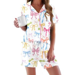 image:imageEkouaer Pajamas Set for Women Short Sleeve Sleepwear Button Down Pjs Soft 2 Piece Lounge Sets XSXXXLWhite With Colorful Bows