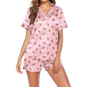image:imageEkouaer Pajamas for Women Set Silk Satin Pjs Button Down Sleepwear Summer Loungewear Top and Shorts Lounge Set SXXLChristmas Gingerbread Man