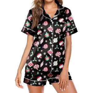 image:imageEkouaer Pajamas for Women Set Silk Satin Pjs Button Down Sleepwear Summer Loungewear Top and Shorts Lounge Set SXXLChristmas Pattern