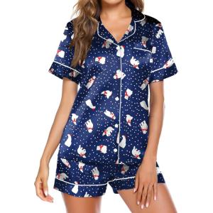 image:imageEkouaer Pajamas for Women Set Silk Satin Pjs Button Down Sleepwear Summer Loungewear Top and Shorts Lounge Set SXXLChristmas Polar Bear