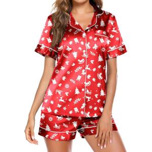 image:imageEkouaer Pajamas for Women Set Silk Satin Pjs Button Down Sleepwear Summer Loungewear Top and Shorts Lounge Set SXXLChristmas Red
