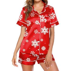 image:imageEkouaer Pajamas for Women Set Silk Satin Pjs Button Down Sleepwear Summer Loungewear Top and Shorts Lounge Set SXXLChristmas Snow