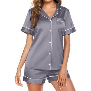 image:imageEkouaer Pajamas for Women Set Silk Satin Pjs Button Down Sleepwear Summer Loungewear Top and Shorts Lounge Set SXXLGrey