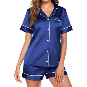 image:imageEkouaer Pajamas for Women Set Silk Satin Pjs Button Down Sleepwear Summer Loungewear Top and Shorts Lounge Set SXXLNavy