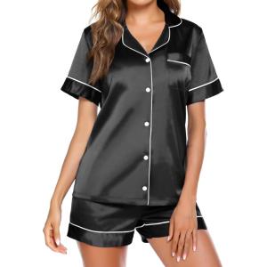 image:imageEkouaer Pajamas for Women Set Silk Satin Pjs Button Down Sleepwear Summer Loungewear Top and Shorts Lounge Set SXXLNewblack