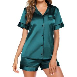 image:imageEkouaer Pajamas for Women Set Silk Satin Pjs Button Down Sleepwear Summer Loungewear Top and Shorts Lounge Set SXXLNewdark Green