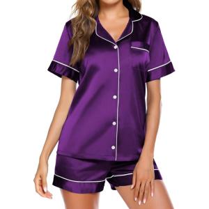 image:imageEkouaer Pajamas for Women Set Silk Satin Pjs Button Down Sleepwear Summer Loungewear Top and Shorts Lounge Set SXXLPurple