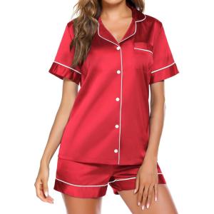 image:imageEkouaer Pajamas for Women Set Silk Satin Pjs Button Down Sleepwear Summer Loungewear Top and Shorts Lounge Set SXXLRed