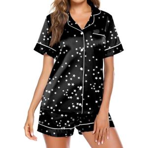 image:imageEkouaer Pajamas for Women Set Silk Satin Pjs Button Down Sleepwear Summer Loungewear Top and Shorts Lounge Set SXXLStars11  Black