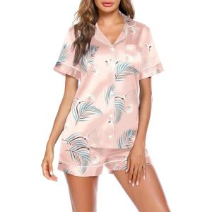 image:imageEkouaer Pajamas for Women Set Silk Satin Pjs Button Down Sleepwear Summer Loungewear Top and Shorts Lounge Set SXXLWhite Crane