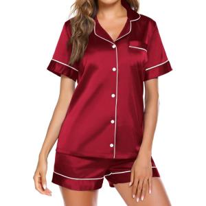 image:imageEkouaer Pajamas for Women Set Silk Satin Pjs Button Down Sleepwear Summer Loungewear Top and Shorts Lounge Set SXXLWine
