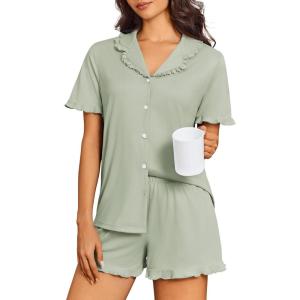 image:imageEkouaer Pajamas for Women Sets Cute Pjs Button Down 2 Piece Short Sleeve Ruffle Lounge Set SleepwearAqua Green