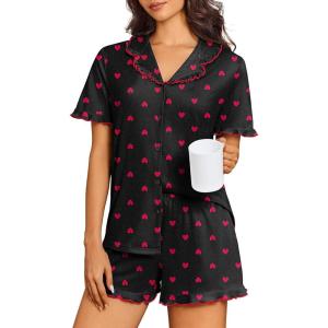 image:imageEkouaer Pajamas for Women Sets Cute Pjs Button Down 2 Piece Short Sleeve Ruffle Lounge Set SleepwearBlack Heart