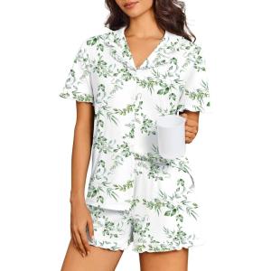 image:imageEkouaer Pajamas for Women Sets Cute Pjs Button Down 2 Piece Short Sleeve Ruffle Lounge Set SleepwearGreen Leaves