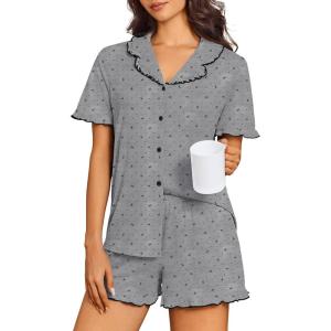image:imageEkouaer Pajamas for Women Sets Cute Pjs Button Down 2 Piece Short Sleeve Ruffle Lounge Set SleepwearGrey Bow