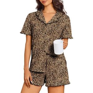 image:imageEkouaer Pajamas for Women Sets Cute Pjs Button Down 2 Piece Short Sleeve Ruffle Lounge Set SleepwearLeopard