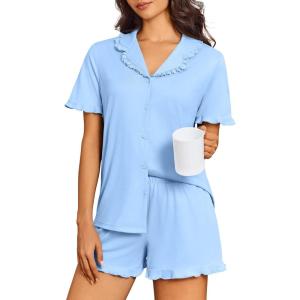 image:imageEkouaer Pajamas for Women Sets Cute Pjs Button Down 2 Piece Short Sleeve Ruffle Lounge Set SleepwearLight Blue