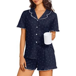 image:imageEkouaer Pajamas for Women Sets Cute Pjs Button Down 2 Piece Short Sleeve Ruffle Lounge Set SleepwearNavy Floral