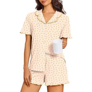 image:imageEkouaer Pajamas for Women Sets Cute Pjs Button Down 2 Piece Short Sleeve Ruffle Lounge Set SleepwearYellow Floral