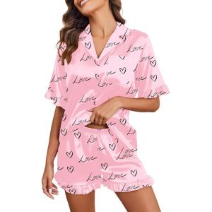 image:imageEkouaer Satin Pajama Set for Women Button Down Silk 2 Piece Pj Sets Ruffle Short Sleeve SleepwearPink Love