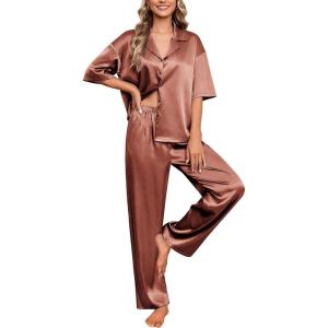 image:imageEkouaer Silk Satin Pajamas Set Women Short Sleeve Pj Sets Button Down Sleepwear 2 Piece Soft Loungewear SXXLCaramel