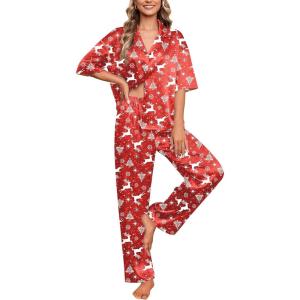 image:imageEkouaer Silk Satin Pajamas Set Women Short Sleeve Pj Sets Button Down Sleepwear 2 Piece Soft Loungewear SXXLChristmas Elk