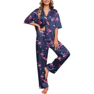 image:imageEkouaer Silk Satin Pajamas Set Women Short Sleeve Pj Sets Button Down Sleepwear 2 Piece Soft Loungewear SXXLNavy Martini