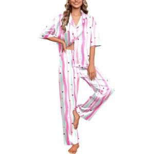 image:imageEkouaer Silk Satin Pajamas Set Women Short Sleeve Pj Sets Button Down Sleepwear 2 Piece Soft Loungewear SXXLPink Stripes