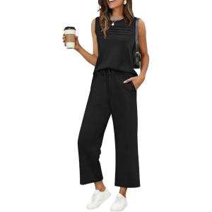 image:imageEkouaer Two Piece Sets for Women Summer Vacation Fashion Outfits Sleeveless Top Wide Leg Pants 2026 Lounge Sets S2XlBlack
