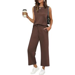 image:imageEkouaer Two Piece Sets for Women Summer Vacation Fashion Outfits Sleeveless Top Wide Leg Pants 2026 Lounge Sets S2XlBrown