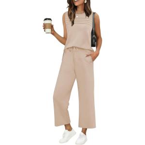 image:imageEkouaer Two Piece Sets for Women Summer Vacation Fashion Outfits Sleeveless Top Wide Leg Pants 2026 Lounge Sets S2XlChampagne