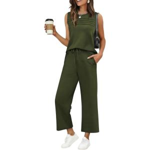 image:imageEkouaer Two Piece Sets for Women Summer Vacation Fashion Outfits Sleeveless Top Wide Leg Pants 2026 Lounge Sets S2XlDark Green