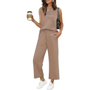 image:imageEkouaer Two Piece Sets for Women Summer Vacation Fashion Outfits Sleeveless Top Wide Leg Pants 2026 Lounge Sets S2XlKhaki