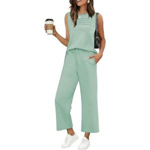 image:imageEkouaer Two Piece Sets for Women Summer Vacation Fashion Outfits Sleeveless Top Wide Leg Pants 2026 Lounge Sets S2XlLight Green