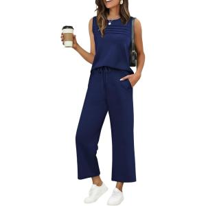 image:imageEkouaer Two Piece Sets for Women Summer Vacation Fashion Outfits Sleeveless Top Wide Leg Pants 2026 Lounge Sets S2XlNavy Blue