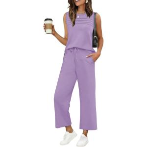 image:imageEkouaer Two Piece Sets for Women Summer Vacation Fashion Outfits Sleeveless Top Wide Leg Pants 2026 Lounge Sets S2XlPurple