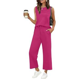 image:imageEkouaer Two Piece Sets for Women Summer Vacation Fashion Outfits Sleeveless Top Wide Leg Pants 2026 Lounge Sets S2XlRose Pink