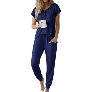image:imageEkouaer Viscose from Bamboo Womens Pajama Sets Super Soft Short Sleeve Button Top and Pants Pj Sleepwear Sets SXXLDeep Blue