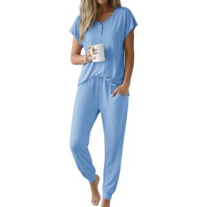 image:imageEkouaer Viscose from Bamboo Womens Pajama Sets Super Soft Short Sleeve Button Top and Pants Pj Sleepwear Sets SXXLLight Blue