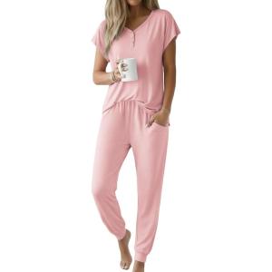 image:imageEkouaer Viscose from Bamboo Womens Pajama Sets Super Soft Short Sleeve Button Top and Pants Pj Sleepwear Sets SXXLLight Pink