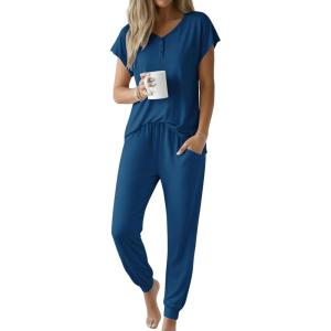 image:imageEkouaer Viscose from Bamboo Womens Pajama Sets Super Soft Short Sleeve Button Top and Pants Pj Sleepwear Sets SXXLNavy Blue