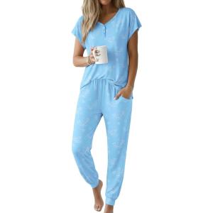 image:imageEkouaer Viscose from Bamboo Womens Pajama Sets Super Soft Short Sleeve Button Top and Pants Pj Sleepwear Sets SXXLOcean Blue