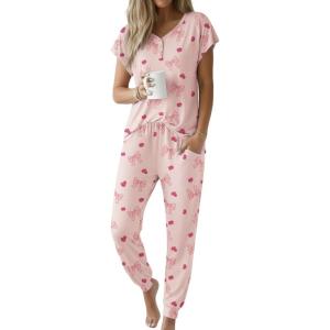 image:imageEkouaer Viscose from Bamboo Womens Pajama Sets Super Soft Short Sleeve Button Top and Pants Pj Sleepwear Sets SXXLPink Bow