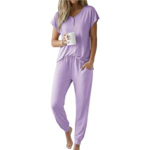 image:imageEkouaer Viscose from Bamboo Womens Pajama Sets Super Soft Short Sleeve Button Top and Pants Pj Sleepwear Sets SXXLPurple