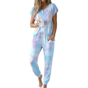 image:imageEkouaer Viscose from Bamboo Womens Pajama Sets Super Soft Short Sleeve Button Top and Pants Pj Sleepwear Sets SXXLTie Dye Blue and Purple