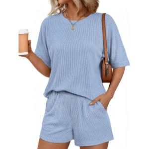 image:imageEkouaer Women 2 Piece Lounge Set 2026 Summer Cruise Outfits Ribbed Loose Short Sleeve Matching Sets with pocketBaby Blue